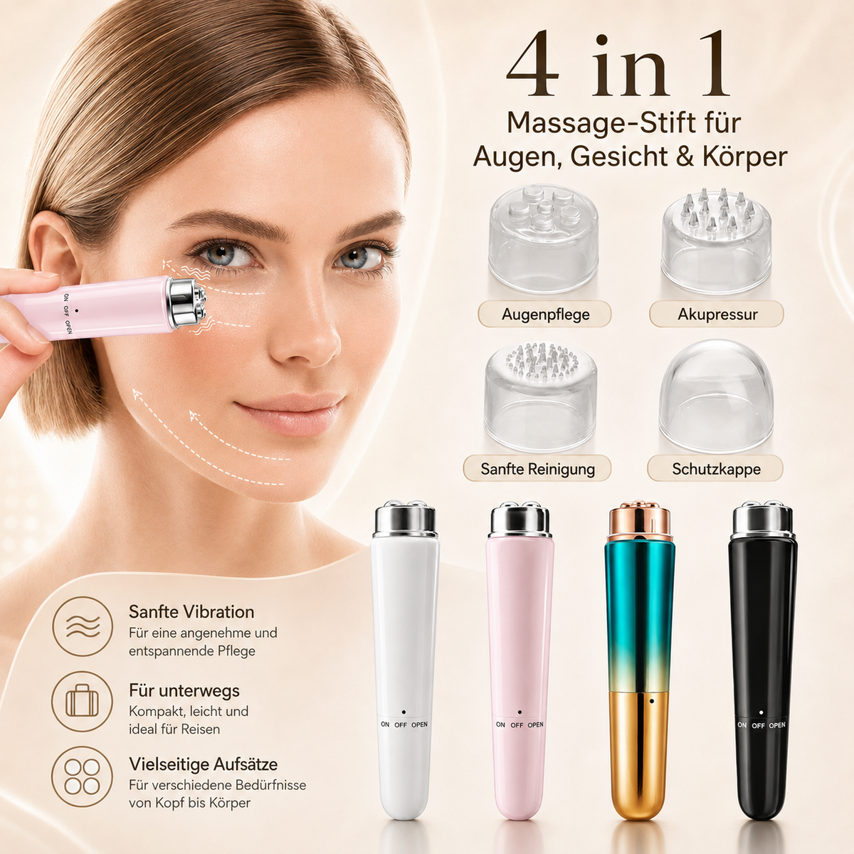 4-in-1-Massagestift mit mehreren Aufsätzen.

