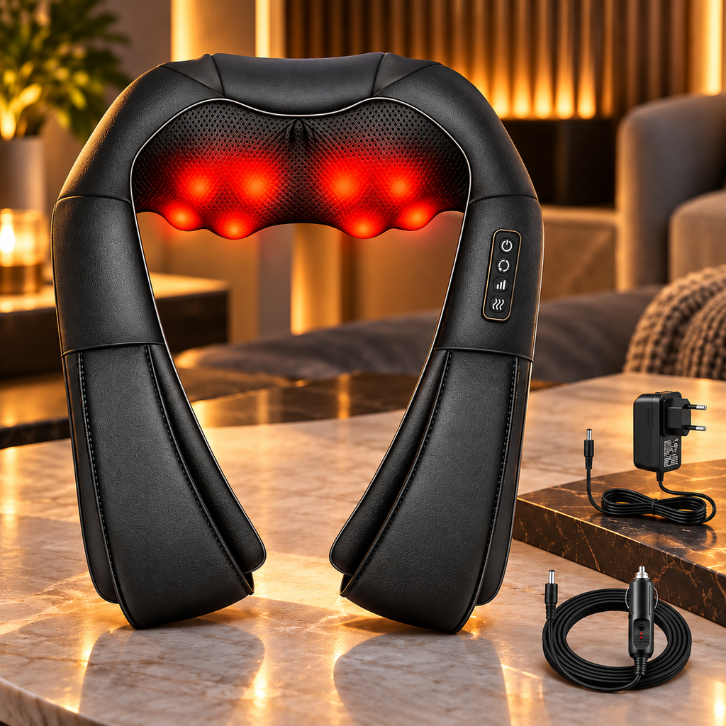 Schwarzes Shiatsu Nacken-Schulter-Massagegerät mit Wärmefunktion, EU-Netzteil und Kfz-Adapter