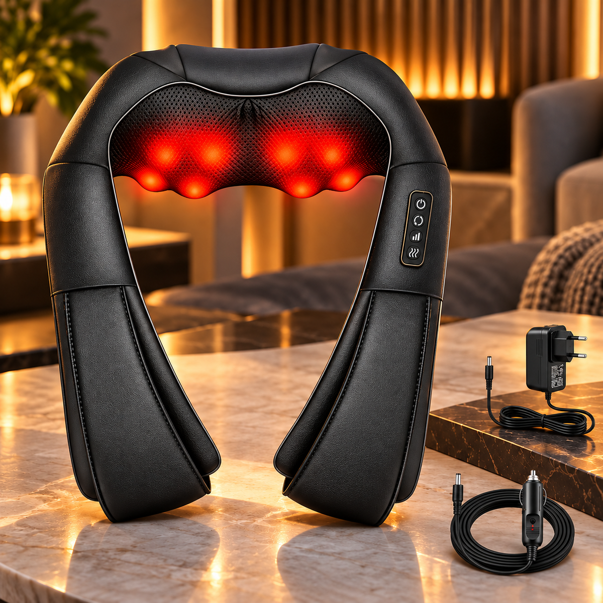 Schwarzes Shiatsu Nacken-Schulter-Massagegerät mit Wärmefunktion, EU-Netzteil und Kfz-Adapter
