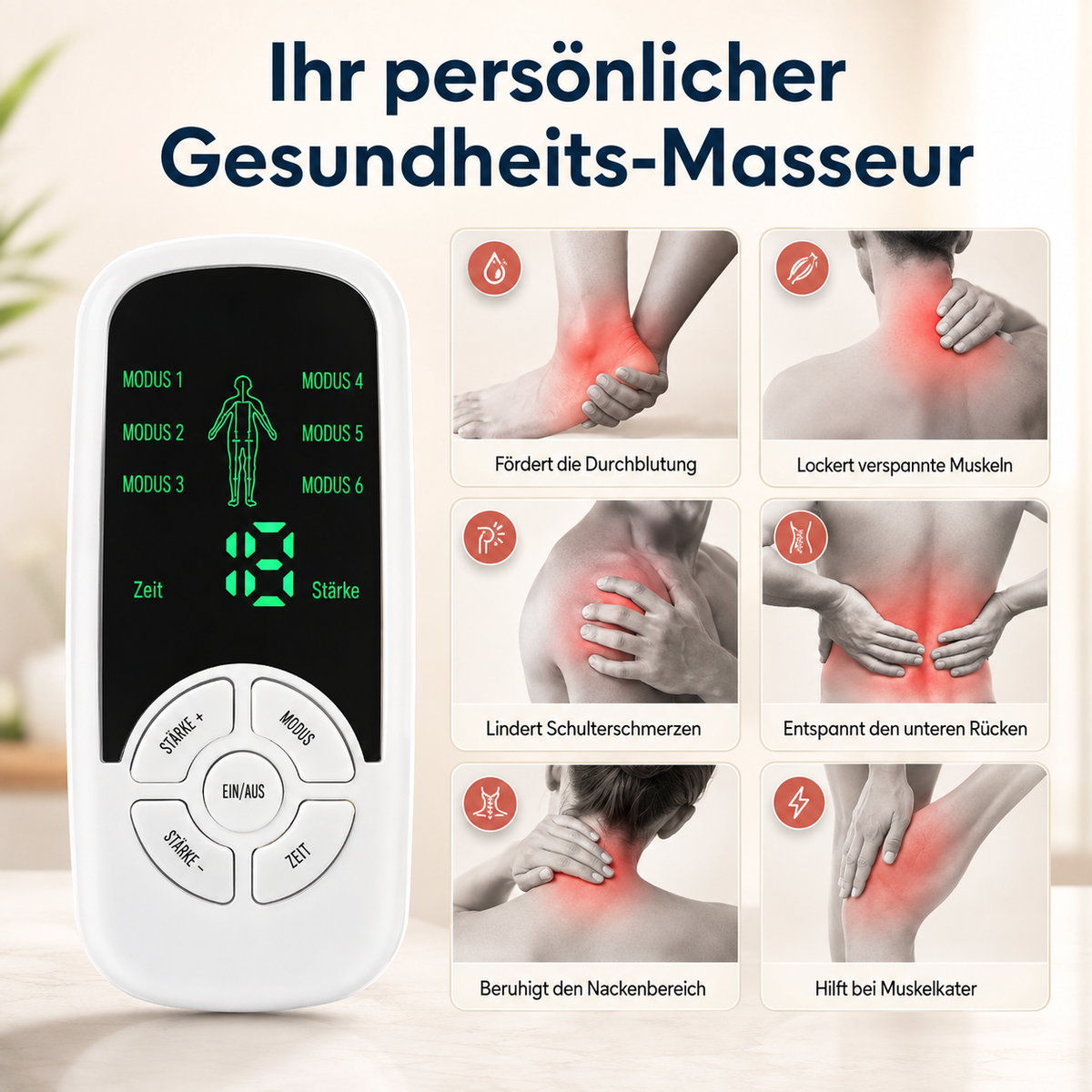 EMS-Massagegerät für verschiedene Körperbereiche.
