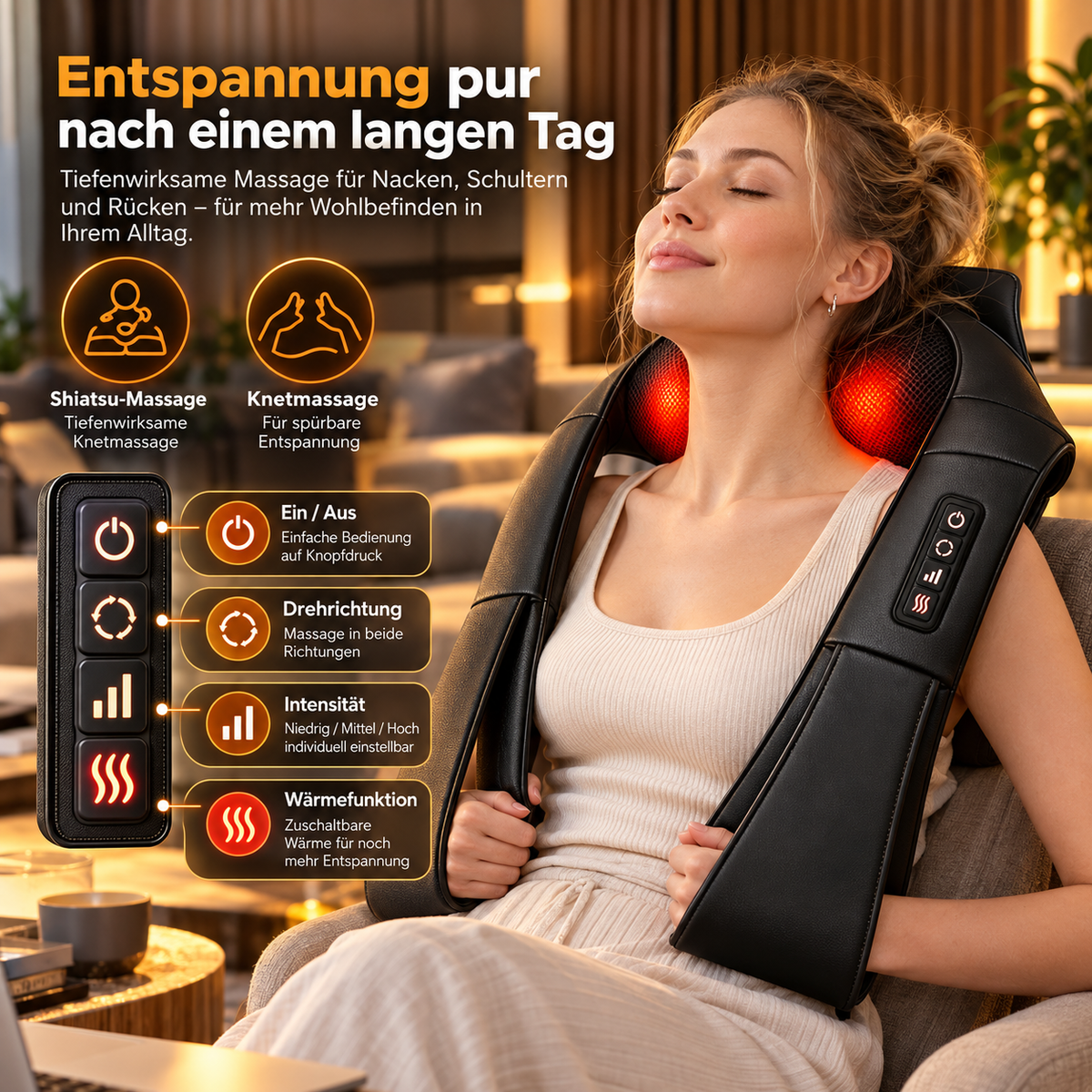 Frau entspannt mit Shiatsu-Nackenmassagegerät, Bedientasten für Ein/Aus, Drehrichtung, Intensität und Wärme