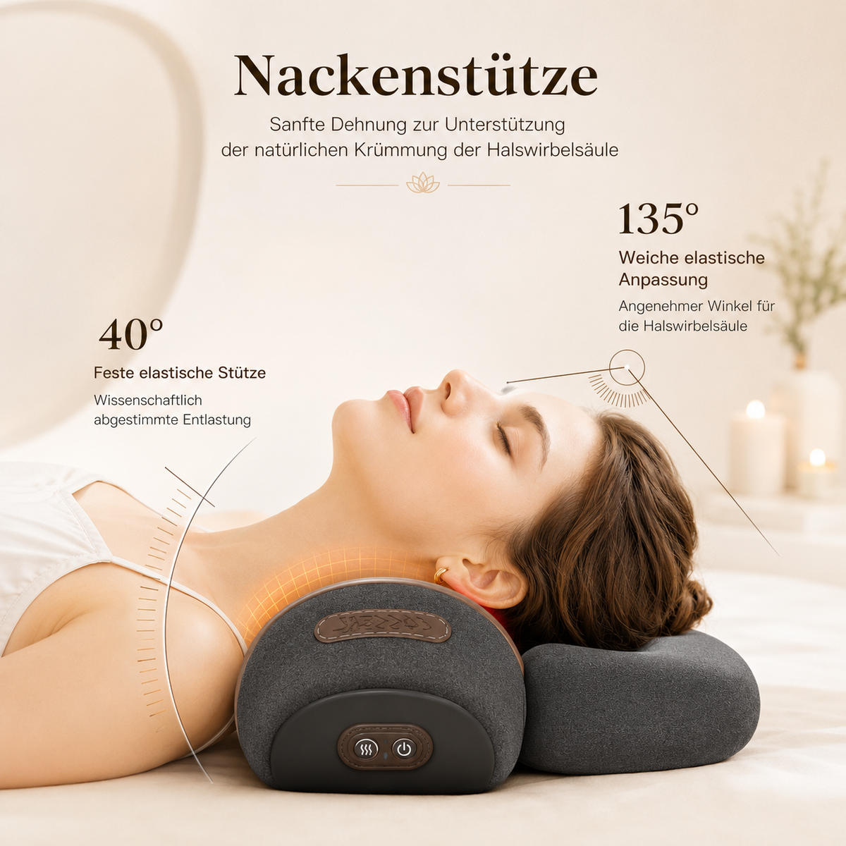Ergonomische Nackenstütze mit Wärme.
