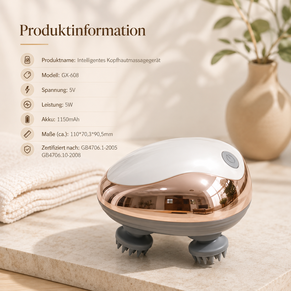 Kopfhautmassagegerät mit Produktdaten.

