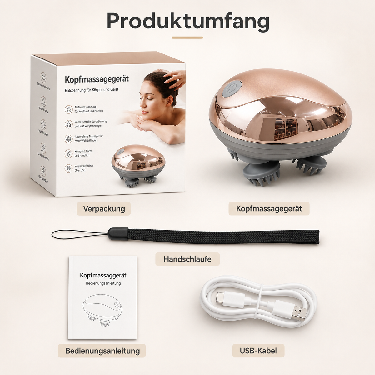 Kopfhautmassagegerät mit Zubehör.
