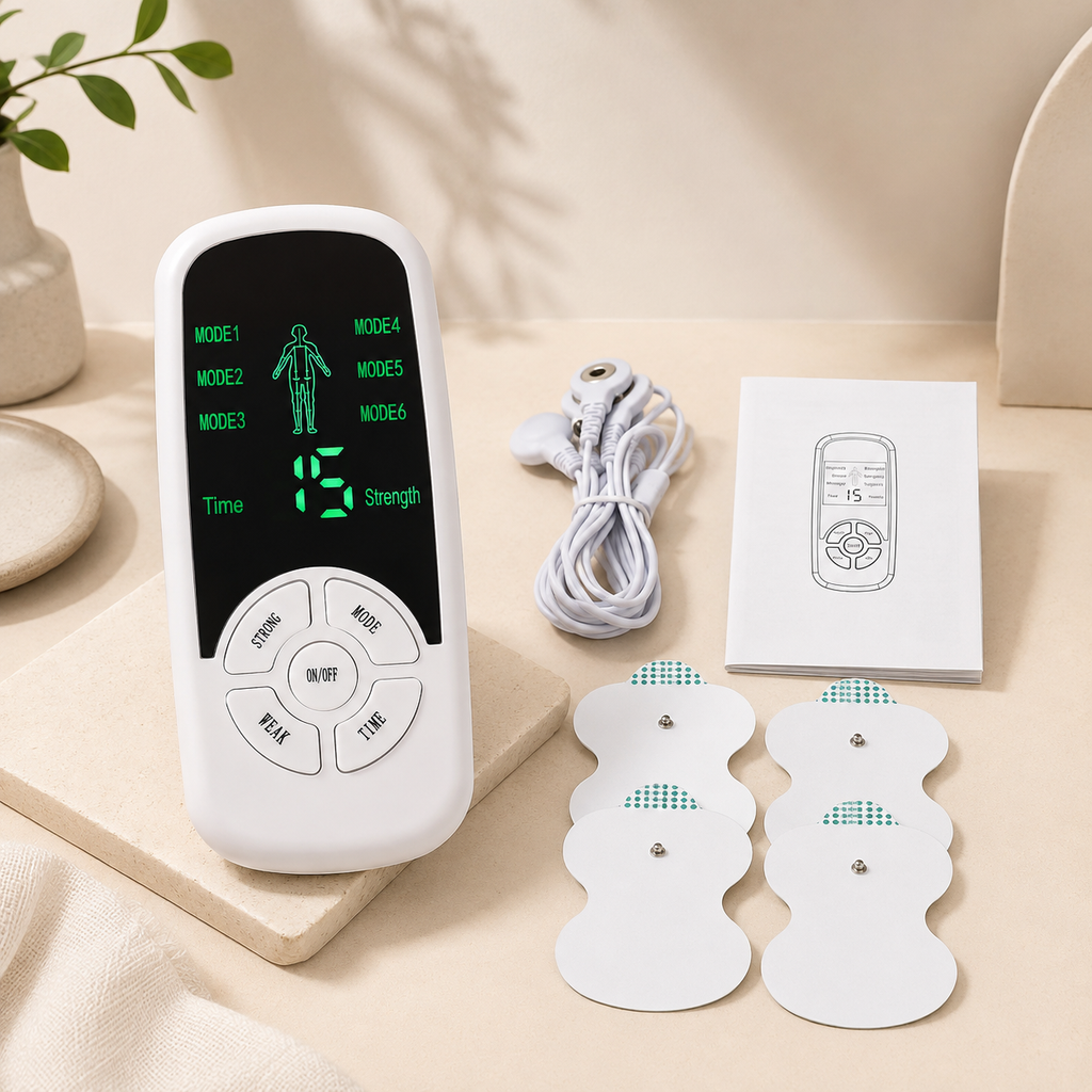 Massagegerät-Set mit Pads und Anleitung.
