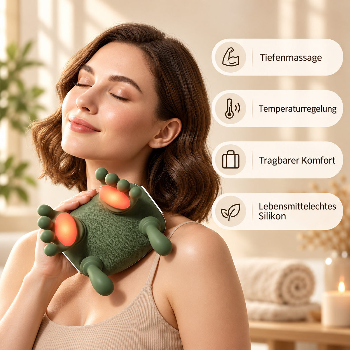 Massagegerät mit Tiefenmassage und Wärme.
