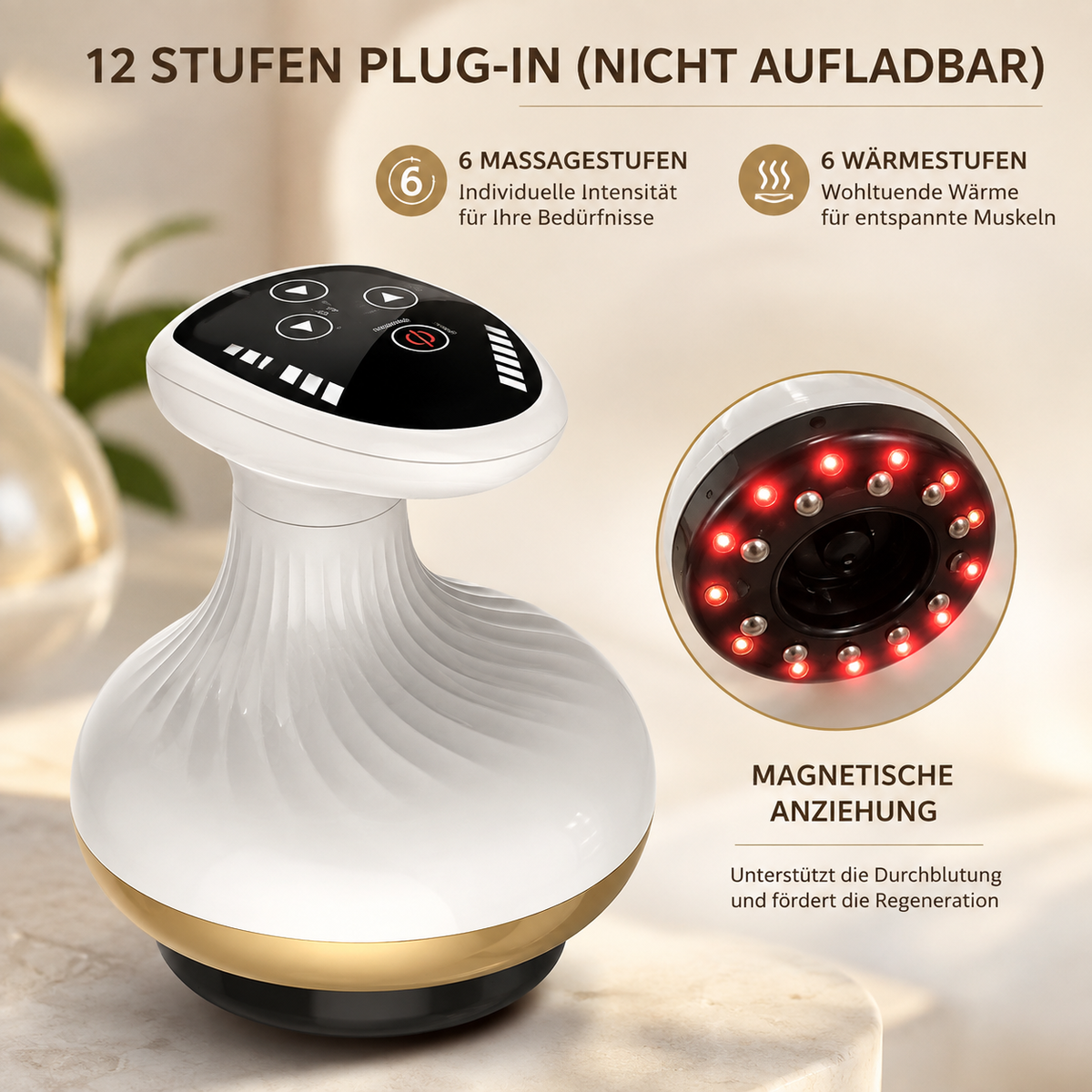 Massagegerät mit Wärme- und Massagestufen.

