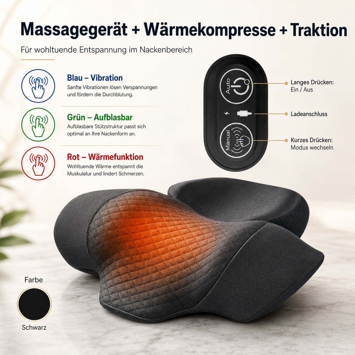 Massagegerät mit Wärme, Vibration und Traktion.
