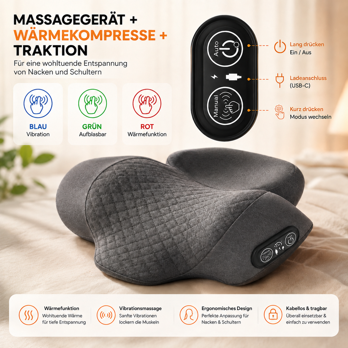 Massagegerät mit Wärme und Vibration.
