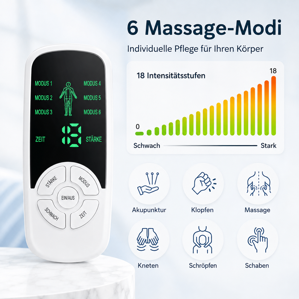 Massagegerät mit sechs Modi und 18 Stufen.
