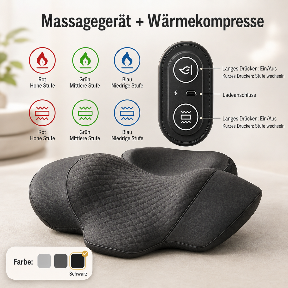 Massagegerät mit verschiedenen Wärme- und Vibrationsstufen.
