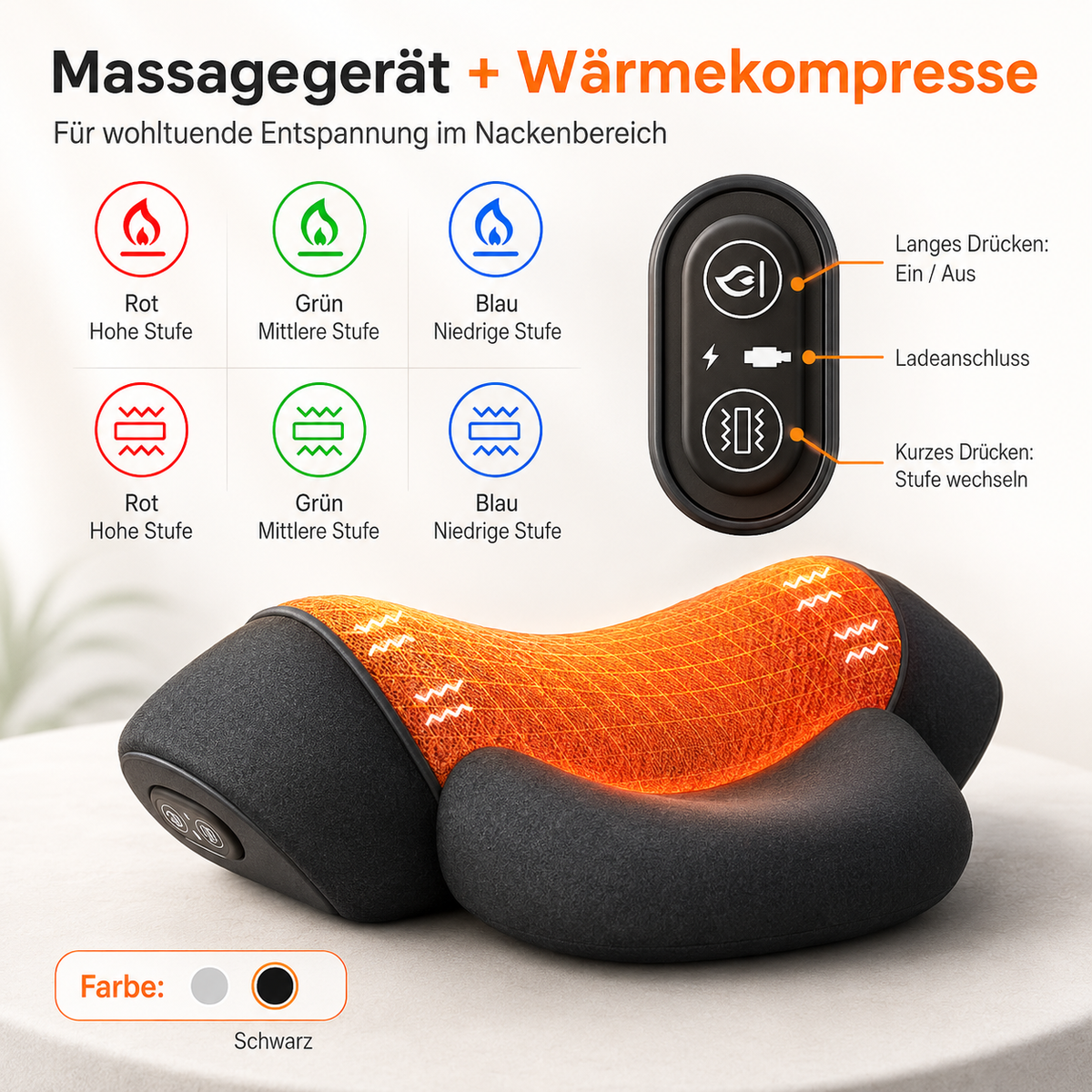 Massagekissen mit Wärme- und Vibrationsstufen.
