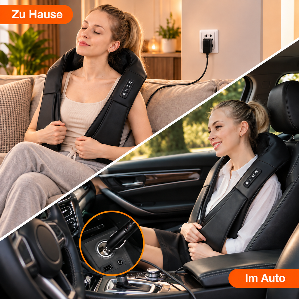 Shiatsu-Massagegerät zu Hause am Netzteil und im Auto am 12-V-Kfz-Adapter