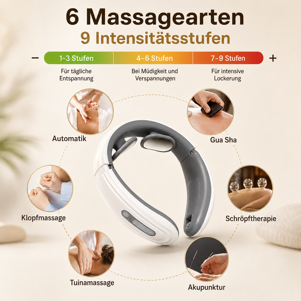 Nackenmassagegerät mit 6 Massagearten.
