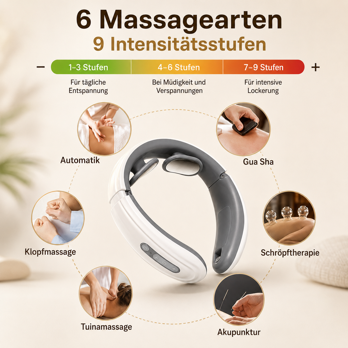 Nackenmassagegerät mit 6 Massagearten.
