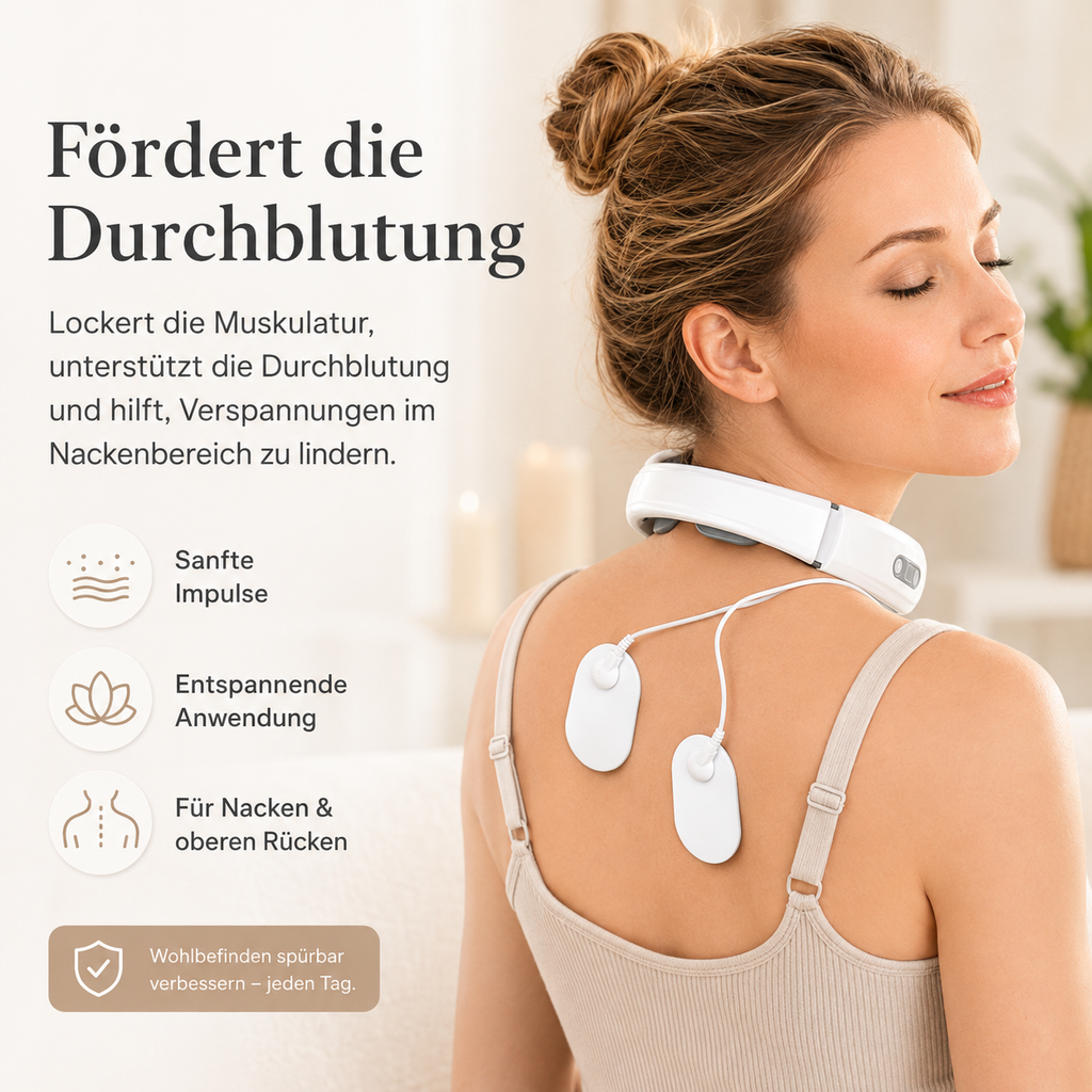 Nackenmassagegerät mit Elektroden am Rücken.
