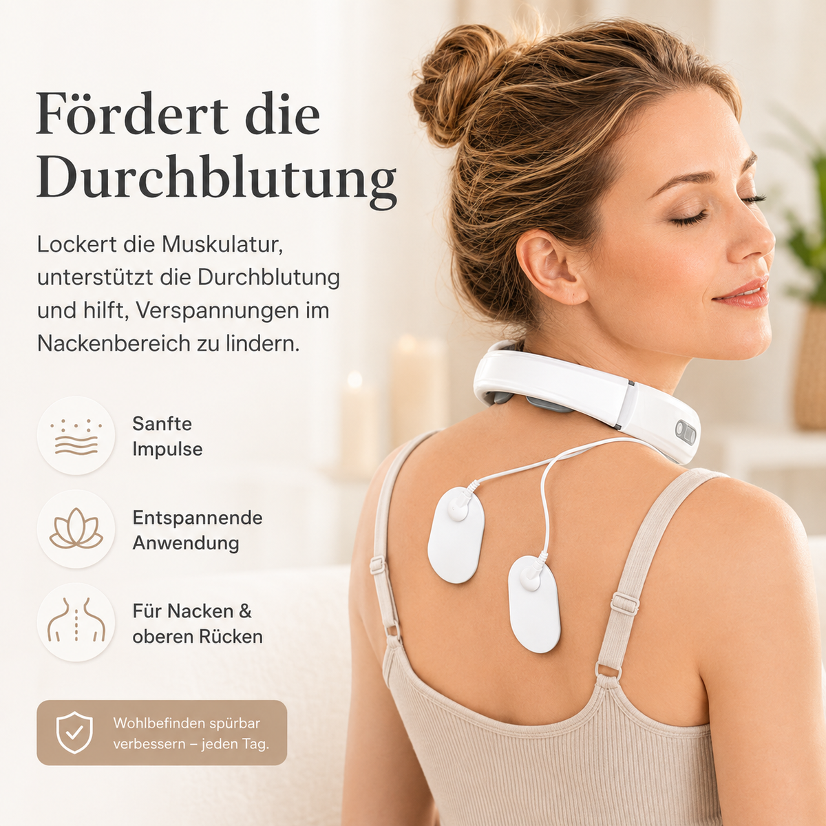 Nackenmassagegerät mit Elektroden am Rücken.
