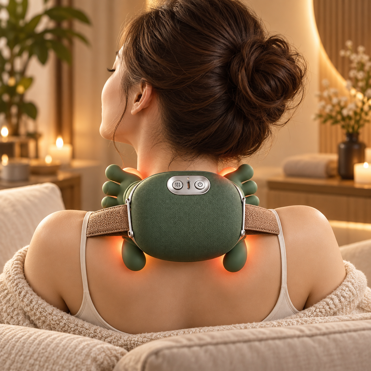 Nackenmassagegerät mit Wärmefunktion im Einsatz.

