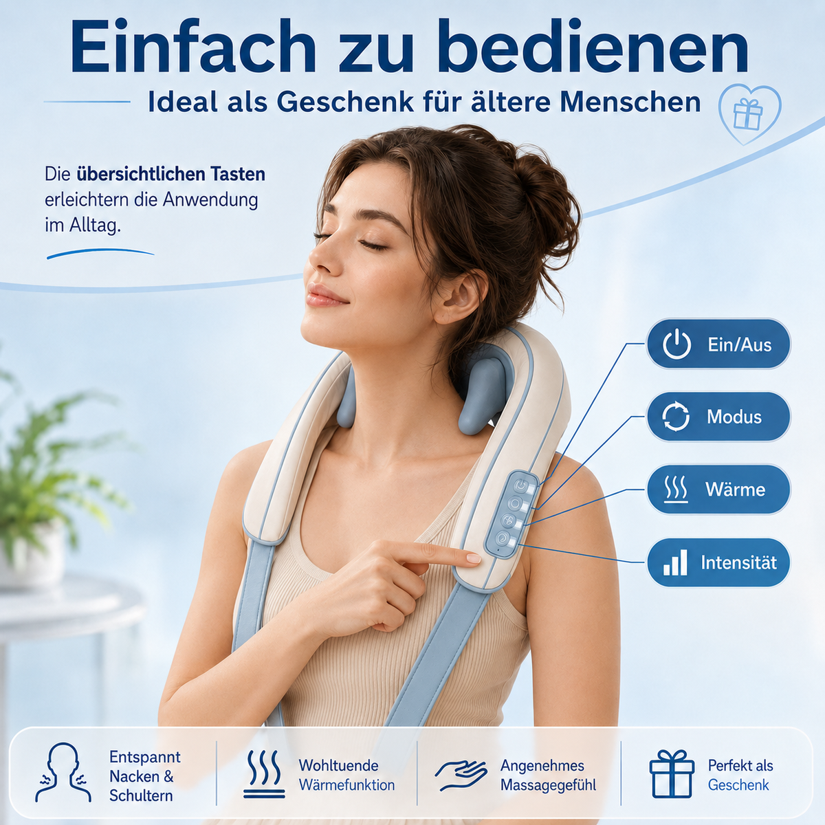 Nackenmassagegerät mit einfacher Bedienung.
