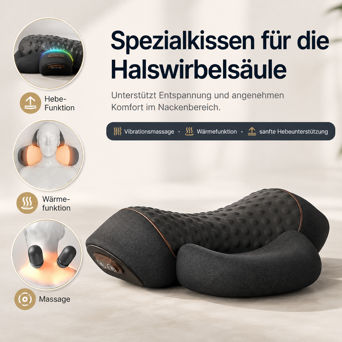 Nackenmassagekissen mit drei Funktionen.
