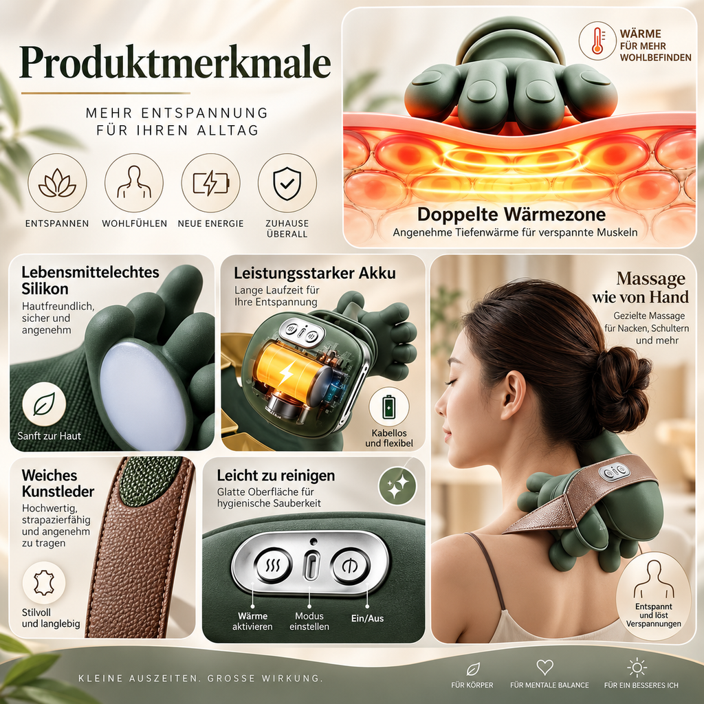 Produktmerkmale mit Wärme, Akku und Silikon-Massageköpfen.
