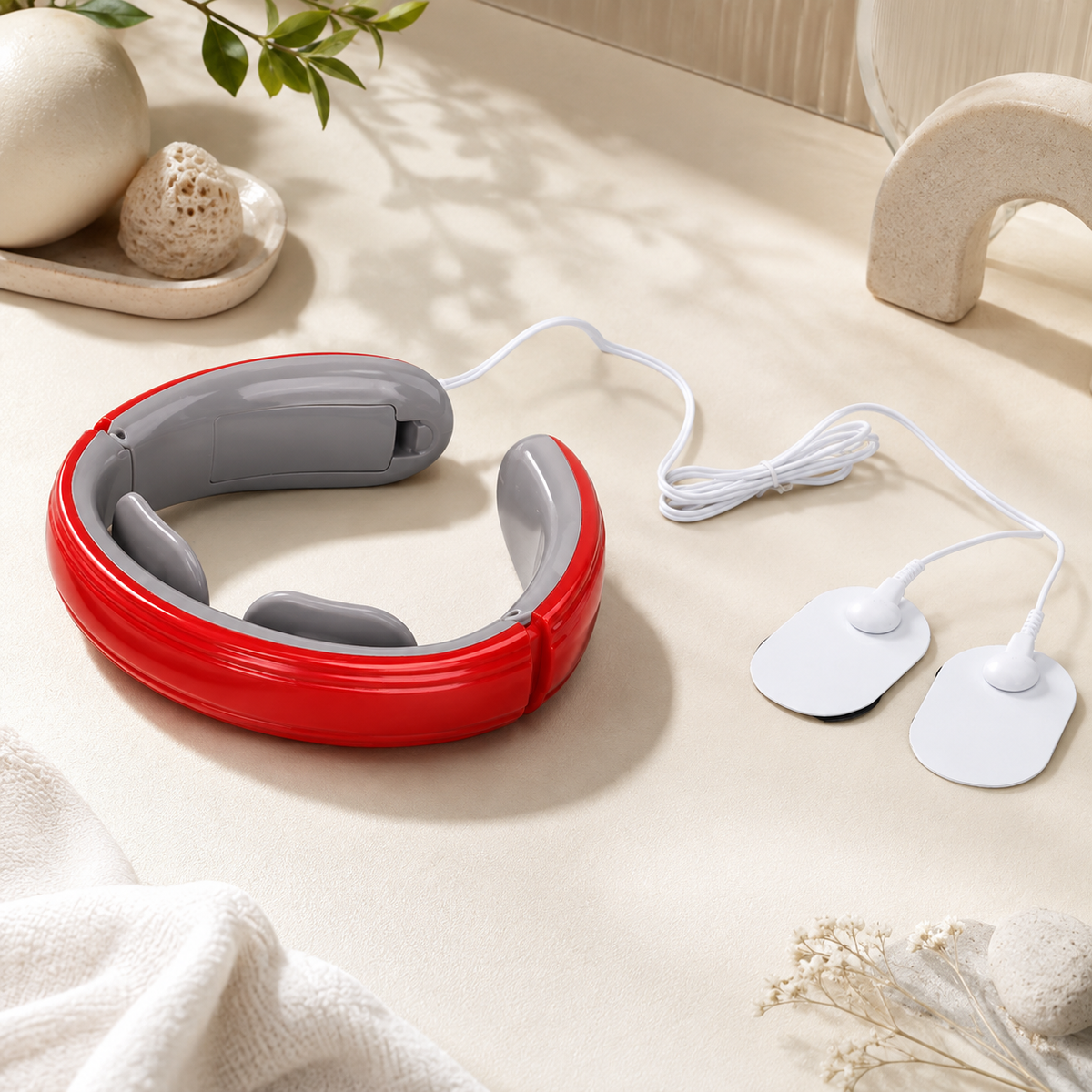 Rotes Nackenmassagegerät mit Elektrodenpads.
