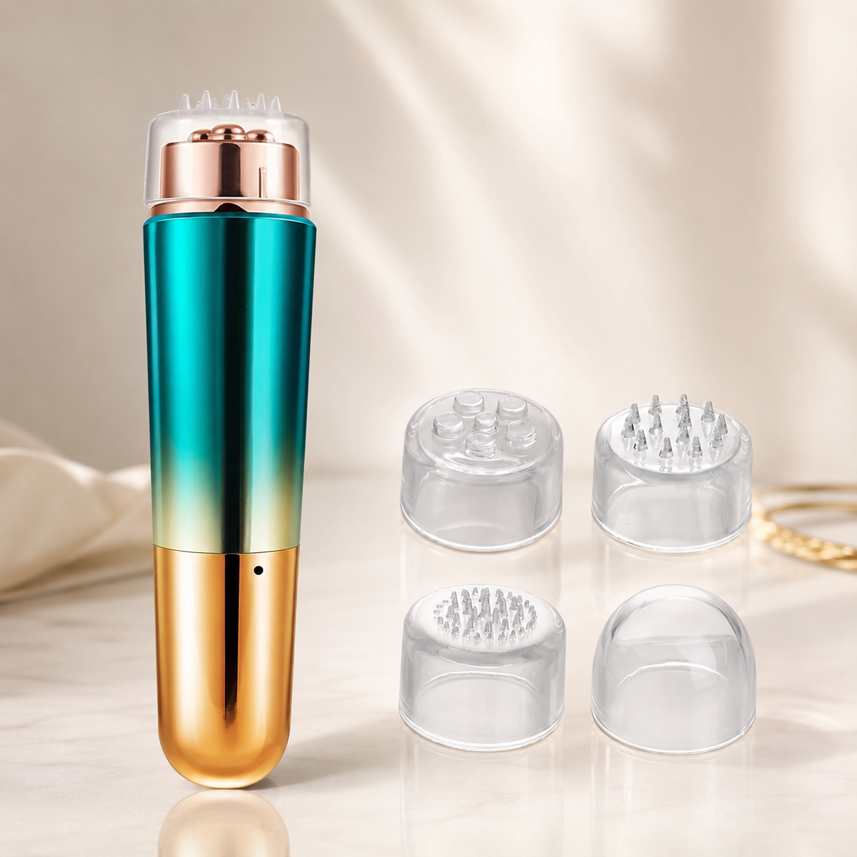 Türkis-goldener Massagestift mit Aufsätzen.
