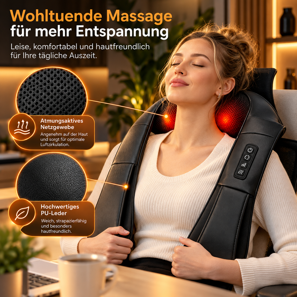 Nacken-Schulter-Massagegerät am Bürostuhl mit atmungsaktivem Netzgewebe und PU-Leder