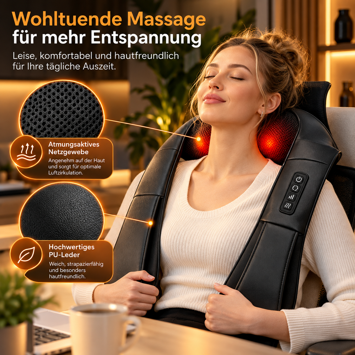 Nacken-Schulter-Massagegerät am Bürostuhl mit atmungsaktivem Netzgewebe und PU-Leder